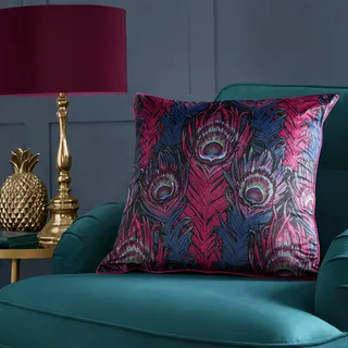 Laurence Llewelyn-Bowen Kissen, Pfauenrot, 55 x 55 cm, wendbar, Füllung/Polsterung inklusive, paspelierter Rand, Pfauenfedern, Luxuskissen, Jacquard-Kissen, Rot