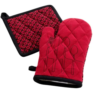 Douceur d'Intérieur, Ofenhandschuh und Topflappen (18 x 28 cm / 20 x 20 cm) für die Küche, Bordeaux, recycelte Baumwolle, Bedruckt
