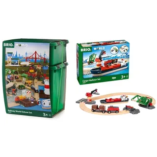 BRIO 33766 - Großes Premium Set, Kunststoffboxen, Bauernhof Tiere & World 33061 Container Hafen Set - Mit Hafenbrücke und beweglichem Kran