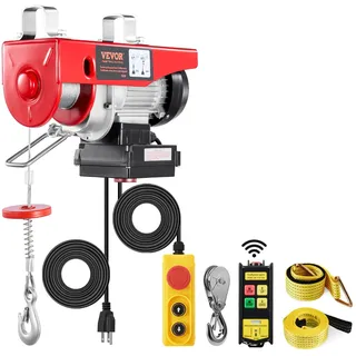 Vevor Elektrische Seilwinde, 200 kg, Motorwinde mit 100 m kabelloser und 4,2 m kabelgebundener Fernbedienung, 12 m Hubhöhe mit Einzelkabel, Einzel-/Doppelschlingen, Hebezeug für Garage, Lager, Fabrik