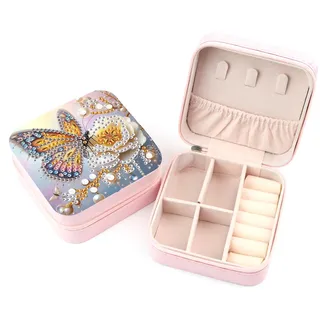 JICFDAO Diamond Painting Schmuckbox 9.5x9.5cm Schmuckkoffer Schmuckkästchen Damen Reise Schmuckkasten Mini Schmuck Reiseetui für Ohrringe Halsketten Ringe Hochzeit Geschenk Schmetterling Blume