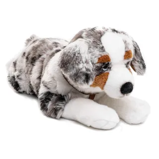 Uni-Toys - Australischer Schäferhund mit Geschirr, liegend - 63 cm (Länge) - Plüsch-Hund, Haustier - Plüschtier, Kuscheltier