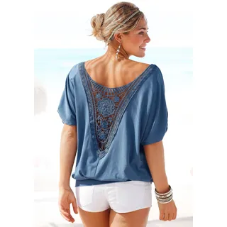 Strandshirt LASCANA, Gr. 40/42, blau (rauchblau), Jersey, Obermaterial: 95% Viskose, 5% Elasthan. Spitze: 100% Baumwolle, unifarben, figurumspielend hüftbedeckend, Rundhals, mit Riegel, Shirts Strandshirt, mit Häkeleinsatz am Rücken, T-Shirt, weite Passform, luftig und locker, Topseller
