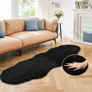 ORINOVA Teppich Schlafzimmer Flauschig Schwarz 60x180 cm Fellteppich Kunstfell Teppich Weich Wohnzimmer Waschbar Fellform