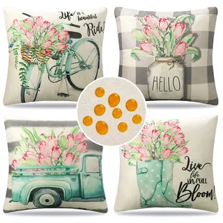Serento Kissenbezug Outdoor Wasserdicht Sofakissen Frühling Sommer Blumen Dekokissen Kissenbezüge Dekorativ Kissen Kissenhülle Leinen für Garten Sofa Auto Wohnzimmer Bett 4er Set 50x50 cm