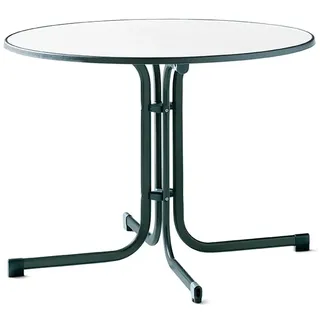 Sieger Boulevard-Klapptisch mit mecalit-Pro-Dekorplatte, Ø 100 cm, smaragdgrün, Marmordekor weiß