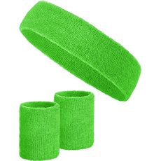 3-teiliges Schweißband-Set mit 2X Schweißbändern für die Handgelenke + 1x Stirnband für Damen & Herren (Grün)
