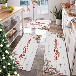 TUKDAK 3 Stück Weihnachten Küchenteppich, Vintage Waschbar rutschfest Dekoration Küchenmatten, Weiß Kurzflor Weihnacht Küchenmatte Weihnachtsteppich Läufer für Küche, Flur, Eingang Waschküche