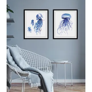 Bild QUEENCE "Selim", blau (farbe rahmen: schwarz, farbe bild(er): blau), B:50cm H:70cm, Acrylglas, Holz, Papier, Bilder, Bild, HD Premium Poster-Druck inkl. Holzrahmen