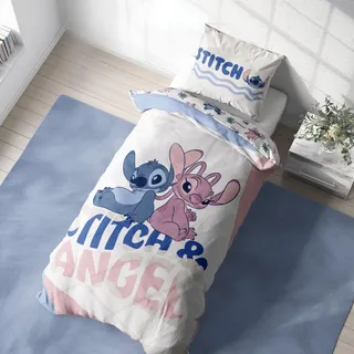 Disney Stitch Biber Bettwäsche 135x200 + 80x80 cm – Baumwolle, Öko-Tex Zertifiziert, Reißverschluss – kuschelig weich & warm für Kinder, Original Stitch Angel Motiv
