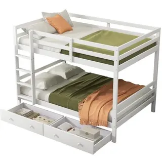 Etagenbett mit Lattenrost, 140x200 cm, Kinderbett mit Leiter, Schubladen und Rausfallschutz, Holzbett, Jugendbett - Weiß