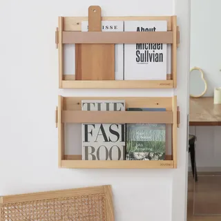 MOIUCUN Zeitschriften Wandhalter mit PU Lederriemen,Holz Zeitschriftenständer, Wandorganizer für Eingangsbereich, Büro, Wohnzimmer, Wartezimmer, Größe 44 x 27 x 9 cm,2er Pack (Holzfarbe)