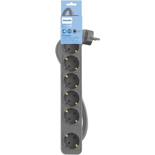 Philips CHP2164G Steckdosenleiste mit 6 Steckdosen, 1,5 m Kabel, Hauptschalter, automatischer Sicherheitsverschluss, LED-Anzeige für Stromversorgung - Grau