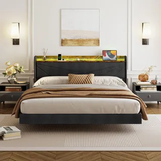 IRONCK Polsterbett 180x200 cm mit LED-Beleuchtung und Ladestation, Bett 180x200 mit Stauraum, Doppelbett Bettgestell mit Lattenrost, Schwebebett, Grau (2 AC-Steckdosen, 1 USB & Typ-c-Anschlusse)