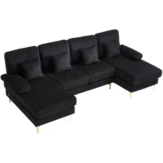 Redom U-Sofa Wohnlandschaft Samt mit LED-Beleuchtung und USB-Anschluss 265/135/88 cm Schwarz , Textil , 135x88x265 cm , Wohnzimmer, Sofas & Couches, Wohnlandschaften, Wohnlandschaften in U-Form