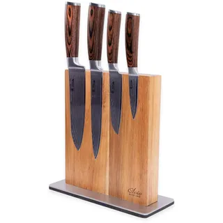 Wakoli EDIB Messerblock-Set mit 4 Messern, 67 Lagen Damaststahl, VG10-Kern | Fleischmesser, Santoku, kleines Santoku und Officemesser, Pakkaholzgriffe und Magnetblock aus Akazienholz mit Edelstahlsockel