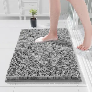 COMPOLICY Badematte 50x80 cm Chenille Hellgrau, rutschfeste & Minimalistische Badteppich Groß, Waschbar & Saugfähig Badvorleger, Schnelltrocknend Duschvorleger für Skandinavisch Modern Badezimmer
