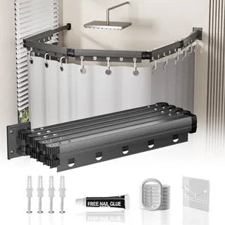 Faltbarer Duschvorhang mit Duschvorhangstange, Montagekleber ohne Nagel/mit Einem Bohrer Bohren mit Winkelverstellbarer Funktion L/U Form,Wasserdichter Duschvorhang 5 Folds Grey