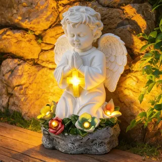 Begonia Solar Gartenfiguren, EngelJunge Gartendeko für Draußen Wetterfest, Gartendeko Figuren für Außen Groß Solarleuchte, Garten Deko Elfen Engel Junge Solar Licht Harz Outdoor Villa Geschenke