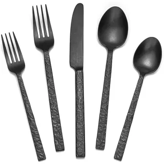 HIKAA 60-Teiliges Besteck Schwarz Matt, Besteck Set 12 Personen Gehämmert
