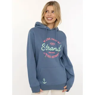 Hoodie ZWILLINGSHERZ "Meine Heimat", Damen, Gr. S/M, jeans, Sweatware, Obermaterial: 50% Baumwolle, 50% Polyester, normal normal, ohne Ausschnitt, angesetztes Bündchen, Sweatshirts Hoodie, mit aufgesticktem "Strand"-Schriftzug vorne und hinten