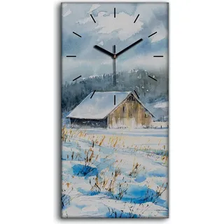 Wanduhr Leinwand Bild Uhr Quarz 30x60 Altes Scheunenhaus Aquarell Landschaft - schwarze Hände - Blau