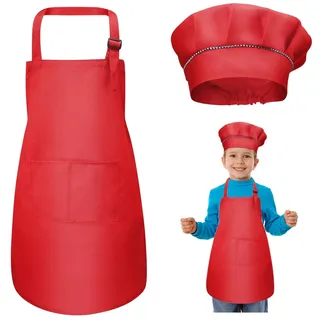 WEONE Kinder Schürze und Kochmütze Set, Kinder Einstellbare Kochschürze Kinderschürzen mit 2 Taschen für Jungen Mädchen, Kind Küchenschürzen für Küche Kochen Backen Malerei (7-13 Jahre) (Rot)