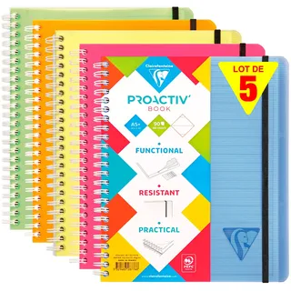 Clairefontaine 5x PROACTIV'BOOK 16x21cm 80 Blatt liniert mit Rand, farbig sortiert, 328776C