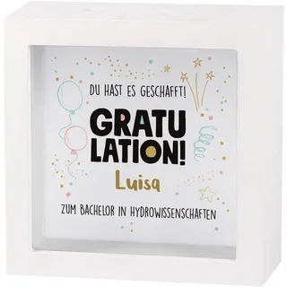 Herz & Heim® Geldgeschenk zum Schulabschluss oder Abitur in Form Einer bedruckten Spardose als Bilderrahmen Gratulation - Personalisiertes Geschenk bestandene Prüfung & Abi