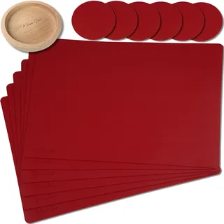 Mahewa® 6er Set Premium Tischset aus Kunstleder - Platzset abwaschbar und wasserdicht - Platzdeckchen Telleruntersetzer in Lederoptik (Bordeaux, Eckig mit Halter)