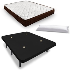 HOGAR24 ES Komplettes Bett, Matratze Viscosoft Dream Flex 15 + gepolsterte Unterseite Farbe Schwarz mit atmungsaktivem Stoff und 6 Füßen + Kissen Faser, Maße: 135 x 190 cm
