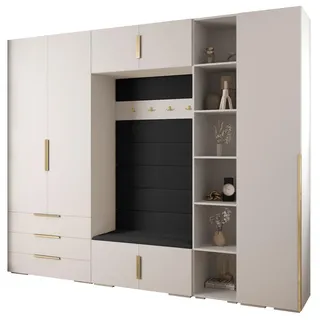 Abiks Möbel Garderoben-Set 236,7/290/47 , Weiß, Schwarz, Goldfarben , Holz , Nachbildung , 13 Fächer , 290x236.7x47 cm , Garderobe, Garderoben-Sets & Garderoben-Serien, Garderoben-Sets