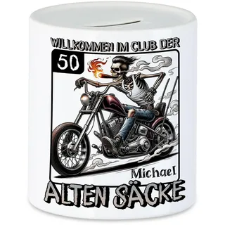 Kiddle-Design Spardose zum 50. Geburtstag Personalisiert, Club der Alten Säcke 50, 50ter Geburtstag Lustiges Biker Motorrad Geschenk, Sparbüchse Sparschwein