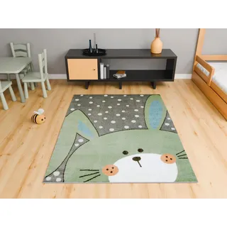 AKCILA Lima Kinderteppich Grau Olivgrün mit Hase und Punkten 140x190 cm | Teppich für Kinderzimmer, niedliches Hasenmotiv in Pastellfarben, süßer Teppich für das Kinderzimmer mit Fußbodenheizung