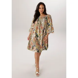 Blusenkleid ANISTON PLUS, Damen, Gr. 48, N-Gr, bunt, Web, Obermaterial: 100% Viskose, bedruckt, gemustert, figurumspielend kniebedeckend, Carmenausschnitt, Volant, Kleider Blusenkleid, mit Gummizug am Ausschnitt