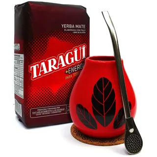Taragui Energia yerba-mate tee set | Argentinien yerba mate tee Taragui Energia loose leaf 500g | Keramik becher Hoja Rot 350ml kalebasse mate tasse | Edelsahl trinkhalm Bombilla 19cm und korkpad