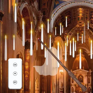 MOZC Flackernde Schwebende Kerzen mit Zauberstab und 6H Timer, LED Stabkerzen mit Fernbedienung, Flammenlose Hängende Fliegende Kerzen für Weihnachten Deko