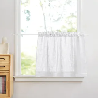 PONY DANCE Scheibengardine Leinenoptik Wohnzimmer Gardinen Weiss 1er Set | Bistrogardine, H 90 x B 90 cm, Küchenvorhang, Kurz, mit Stangendurchzug, Sichtschutz, Landhausstil, für Kleine Fenster