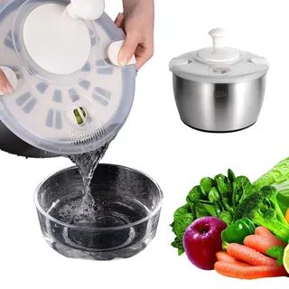 Salatschleuder 5 Liter - Edelstahl - Rutschfester Boden - Manuelle Gemüsespülmaschine - Langlebig - Abnehmbare Schüssel - Gemüsespülmaschine