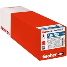 fischer PowerFull II 8,0 x 280, Premium Vollgewindeschraube (50 Stk.) mit innovativer Spitzengeometrie, Stahlschraube für tragende Holzkonstruktionen mit Senkkopf, vermindert Spaltrisiko