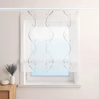 ESLIR Raffrollo Weiß Raffgardine mit Klettband Gardinen Küche Transparent Bändchenrollo Voile Bestickt mit Wellen Muster Grau BxH 120x140cm 1 Stück