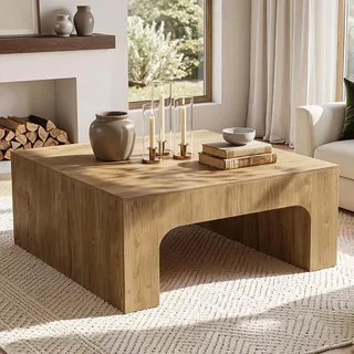 100 cm Quadratischer Couchtisch aus Holz, für das Wohnzimmer, Landhaus-Beistelltisch mit geschwungener Unterseite, einfache Montage - Braun