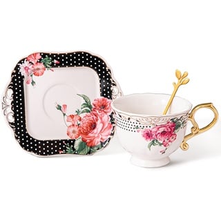 fanquare Blume Kaffee Tee Tasse und Untertasse, Britisches Porzellan Teetassen Set, Vintage Kaffeetasse mit Goldrand, Schwarz