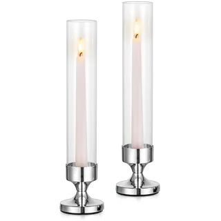 NUPTIO Silber Kerzenständer Glaszylinder Kerzenhalter: 2er Glas Stabkerzenhalter Stabkerzen Hochzeit Tisch mit Glasaufsatz Ohne Boden Windlicht Glas Zylinder Kerzenhalter Stabkerze Valentinstag 31cm