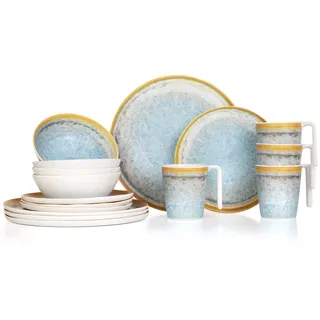 Moritz Camping Tafelgeschirr aus Melamin für 4 Personen 16-teilig | spülmaschinenfest | Picknick Geschirrset | Geschirr Campinggeschirr I Crystal Blue Design