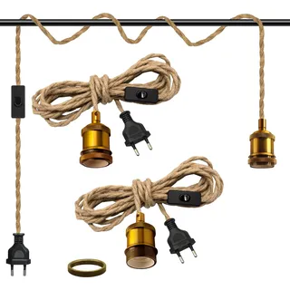 Pendelleuchte Vintage, 2 Stück Hängelampe mit Stecker Industrial, 510cm Verlängerungskabel Pendelleuchte,Hanfseil Pendellampe Kit,Retro Lampenfassung E27 Mit Kabel,für Farmhouse Loft,Ohne GlüHbirne