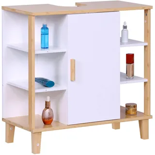 Relaxdays Waschbeckenunterschrank Tür, 6 Ablagen HBT: 65x64x31 cm, Bambus & MDF, Badunterschrank Waschbecken, weiß/Natur