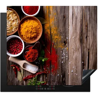 KitchenYeah© Herdabdeckplatte Einteilig Induktionsmatte Küche Abdeckung | 59x52 cm - Glaskeramikkochfeld Herd Abdeckplatte Deko Vinyl Matte Aufrollbar Kräuter - Gewürze - Holz - Braun