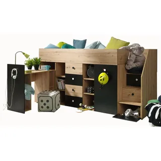 Möbel Kryspol Hochbett 249/123/93 , Eiche Artisan, Schwarz , Holz , Nachbildung , 90x200 cm , Babymöbel & Kindermöbel, Kinderzimmer & Jugendzimmer, Kinderbetten, Hochbetten