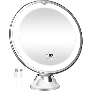 10-fach vergrößernder, beleuchteter Kosmetikspiegel, wiederaufladbar, 3 Farbmodi, 360°-Drehung, starker Saugnapf, tragbarer, kabelloser Kosmetikspiegel für Tisch, Wand, Badezimmer, Dusche und Reisen - Weiß, Silber
